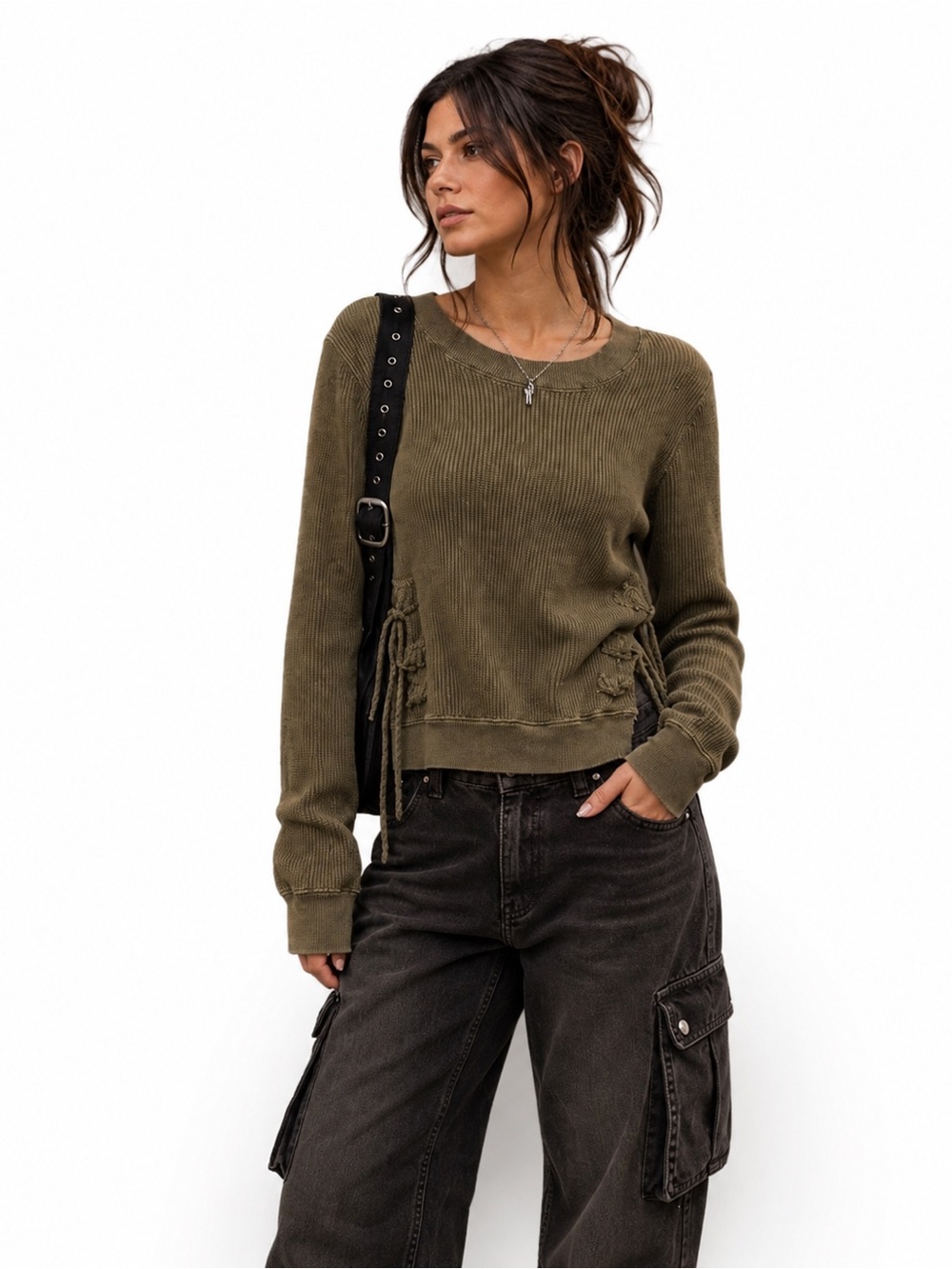 Free People Waffle Knit Lace Up Cropped Thermal Grunge Top Utilitarian Green